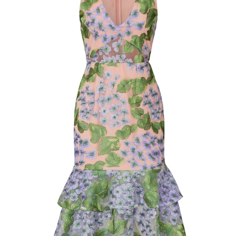 Vone Floral Lace Appliqué Midi Dress in Peach and Lavender